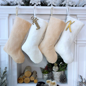 CHRISTMAS STOCKINGS Teddy Sherpa Christmas Stocking Boho Neutral Personalized Initial Dog Paw Name Tag or Embroidered  Ivory Blush Christmas Family Stockings