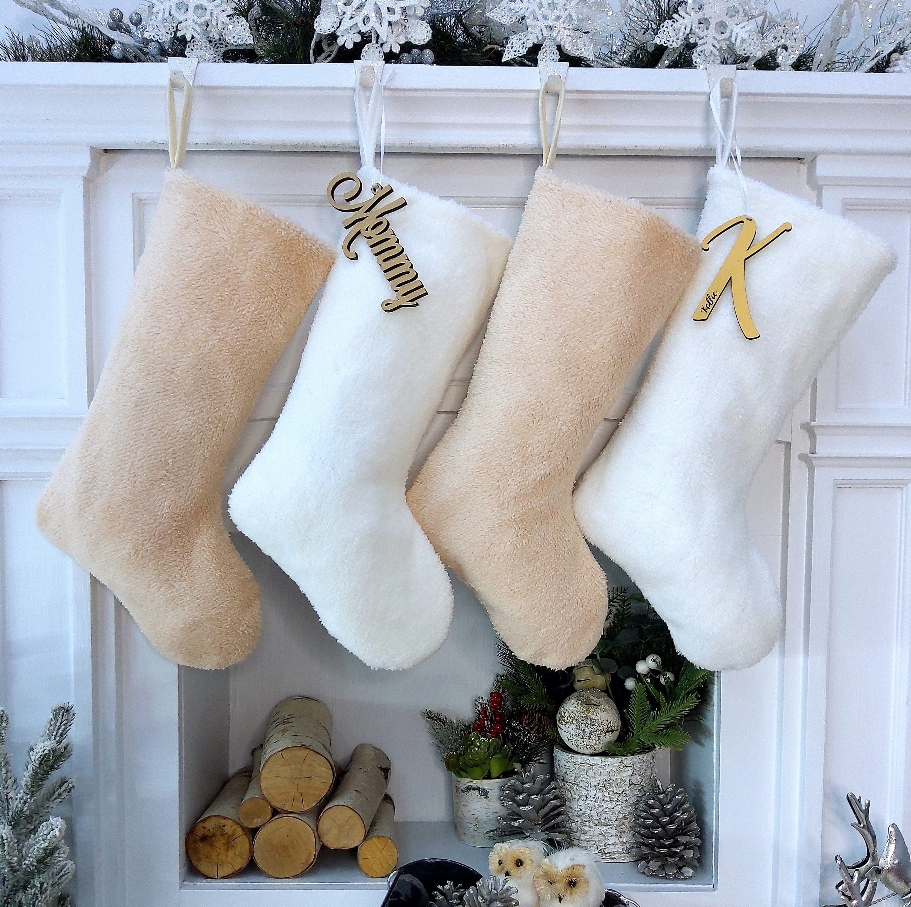 CHRISTMAS STOCKINGS Teddy Sherpa Christmas Stocking Boho Neutral Personalized Initial Dog Paw Name Tag or Embroidered  Ivory Blush Christmas Family Stockings