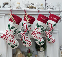 CHRISTMAS STOCKINGS Very Merry | Jingle Bells | Christmas Stockings | Red White Green Classic Xmas Holly Ribbon Festive Decor Personalized Embroidered Name Tag