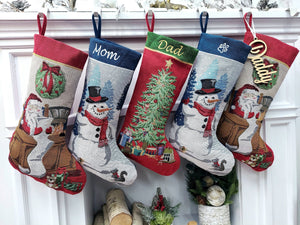 CHRISTMAS STOCKINGS Vintage Tapestry Christmas Collection | Santa Snowman Tree Personalized Christmas Stockings Embroidered Name Wood Tag Classic Age-Old Decor