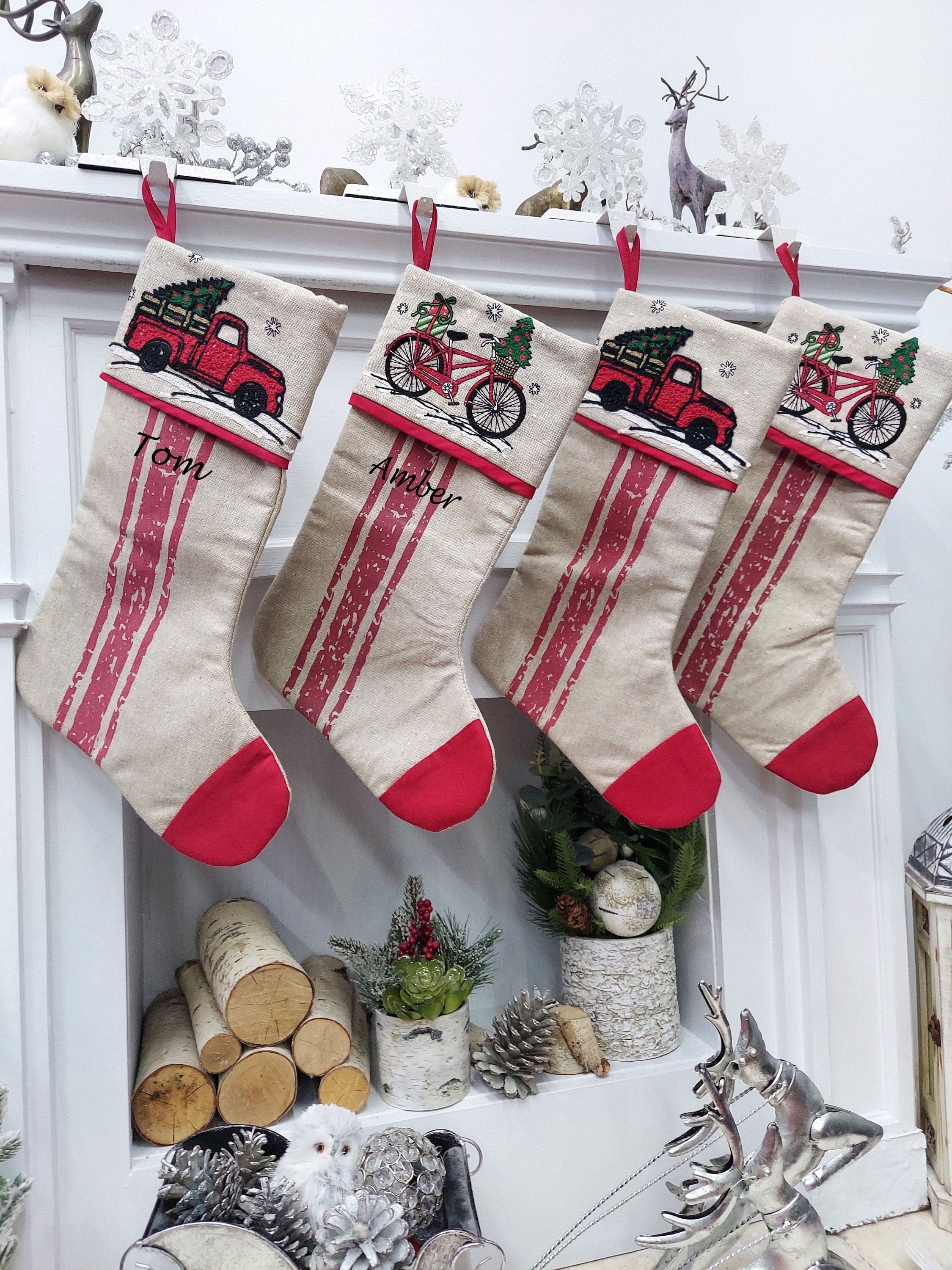 CHRISTMAS STOCKINGS Vintage Truck & Bicycle Christmas Stockings | Red Green Rustic Nostalgic Decor Farmhouse Country Style Personalized Embroidery Name