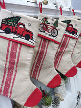 CHRISTMAS STOCKINGS Vintage Truck & Bicycle Christmas Stockings | Red Green Rustic Nostalgic Decor Farmhouse Country Style Personalized Embroidery Name