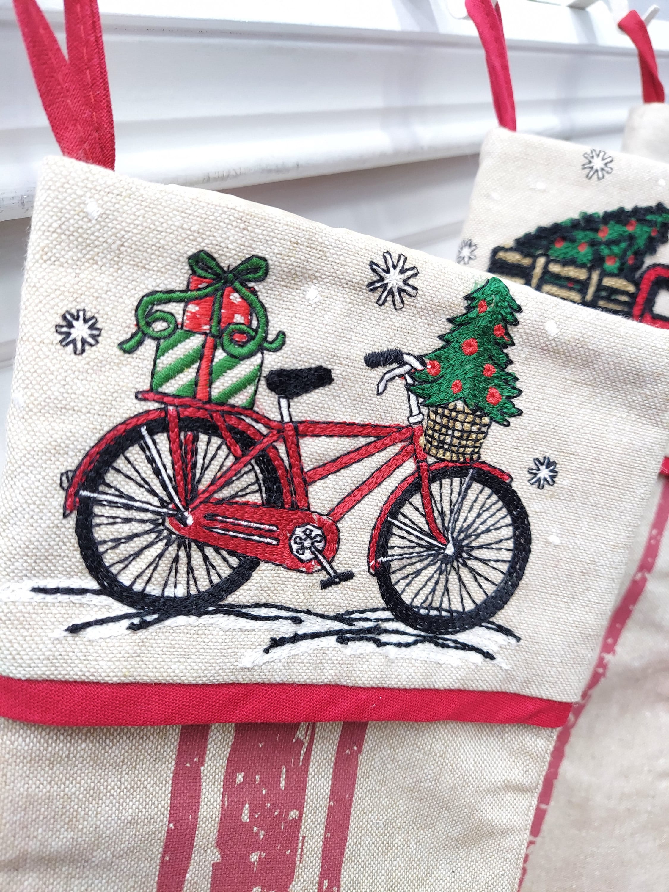 CHRISTMAS STOCKINGS Vintage Truck & Bicycle Christmas Stockings | Red Green Rustic Nostalgic Decor Farmhouse Country Style Personalized Embroidery Name