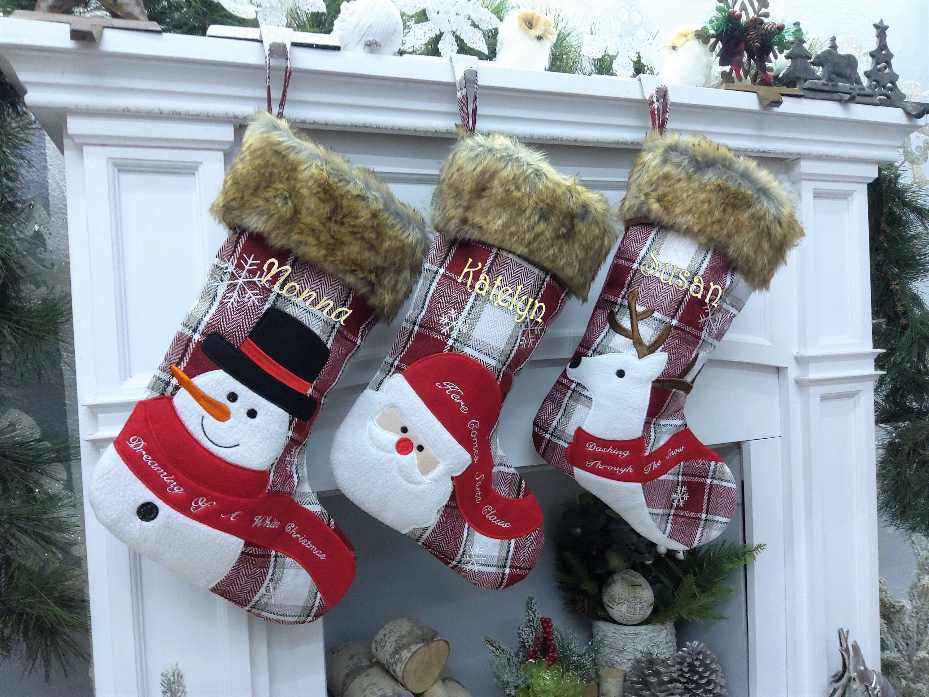CHRISTMAS STOCKINGS Whimsical Plaid Faux Fur Christmas Stockings Woodland Santa Snowman Reindeer Stocking Personalized Embroidery Burgundy Family Modern Holiday