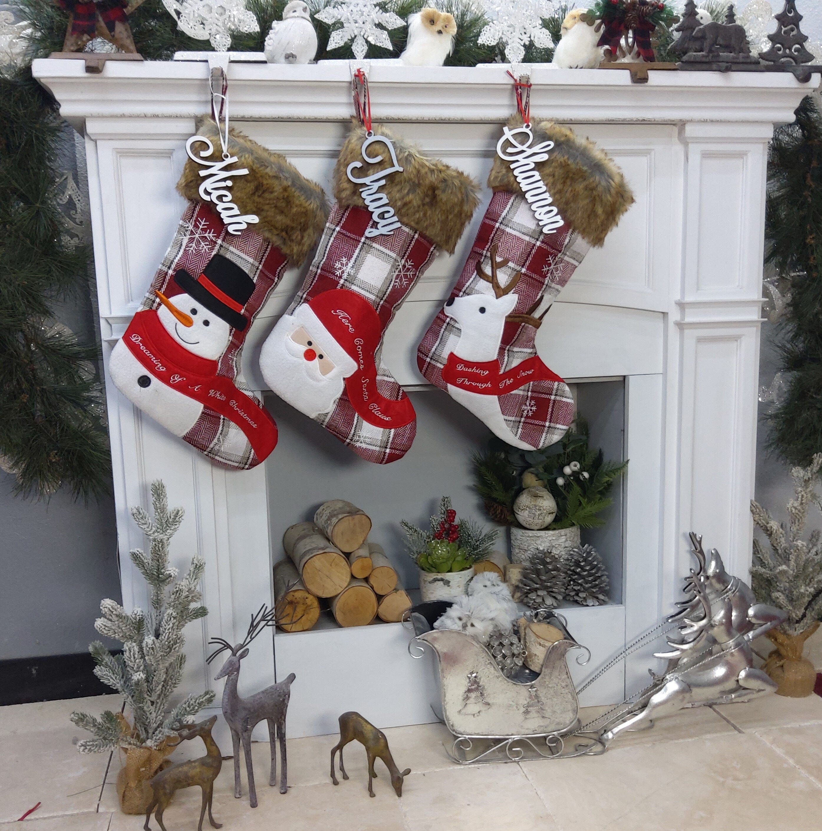 CHRISTMAS STOCKINGS Whimsical Plaid Faux Fur Christmas Stockings Woodland Santa Snowman Reindeer Stocking Personalized Embroidery Burgundy Family Modern Holiday