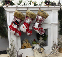 CHRISTMAS STOCKINGS Whimsical Plaid Faux Fur Christmas Stockings Woodland Santa Snowman Reindeer Stocking Personalized Embroidery Burgundy Family Modern Holiday
