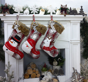 CHRISTMAS STOCKINGS Whimsical Plaid Faux Fur Christmas Stockings Woodland Santa Snowman Reindeer Stocking Personalized Embroidery Burgundy Family Modern Holiday