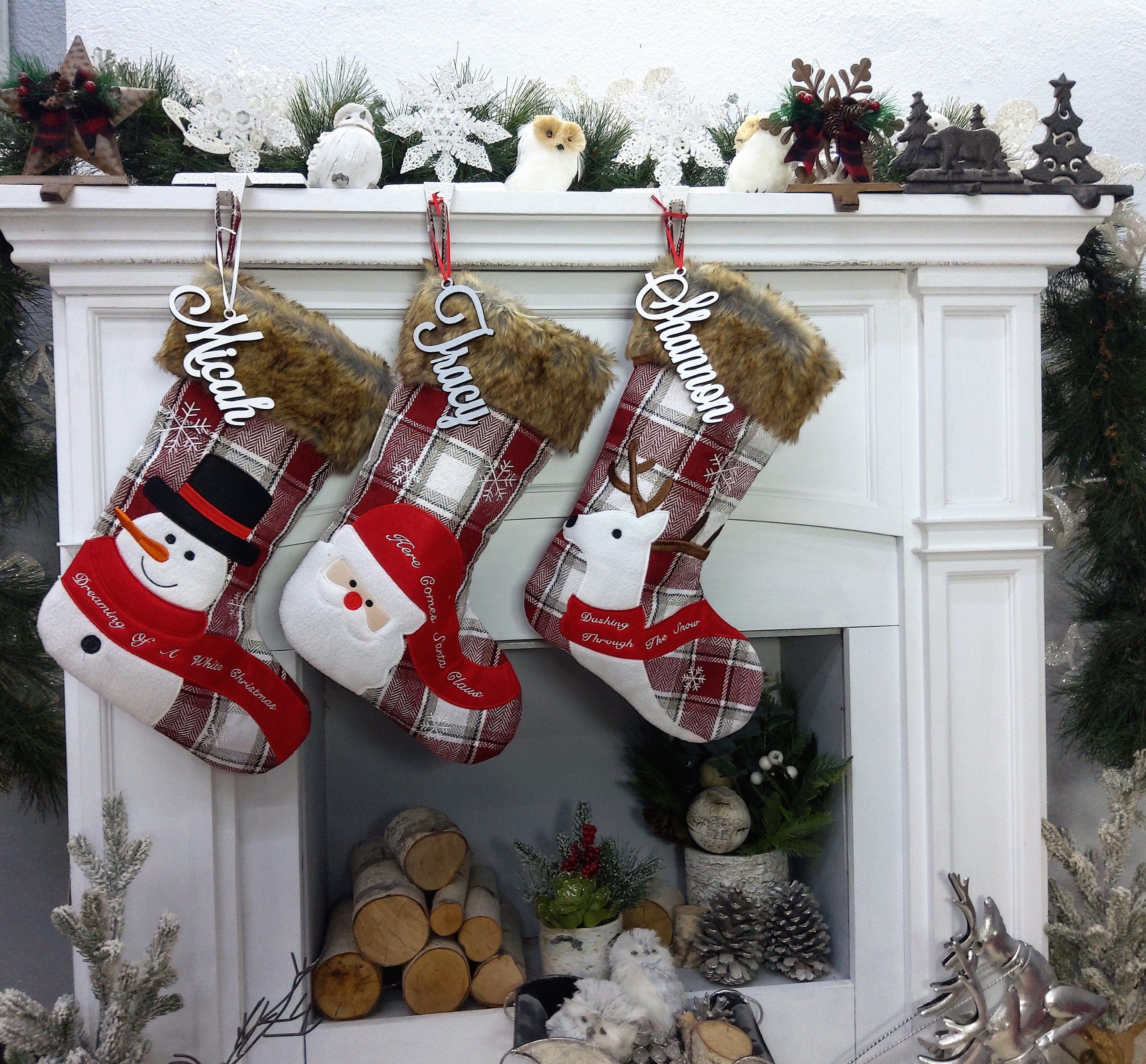 CHRISTMAS STOCKINGS Whimsical Plaid Faux Fur Christmas Stockings Woodland Santa Snowman Reindeer Stocking Personalized Embroidery Burgundy Family Modern Holiday
