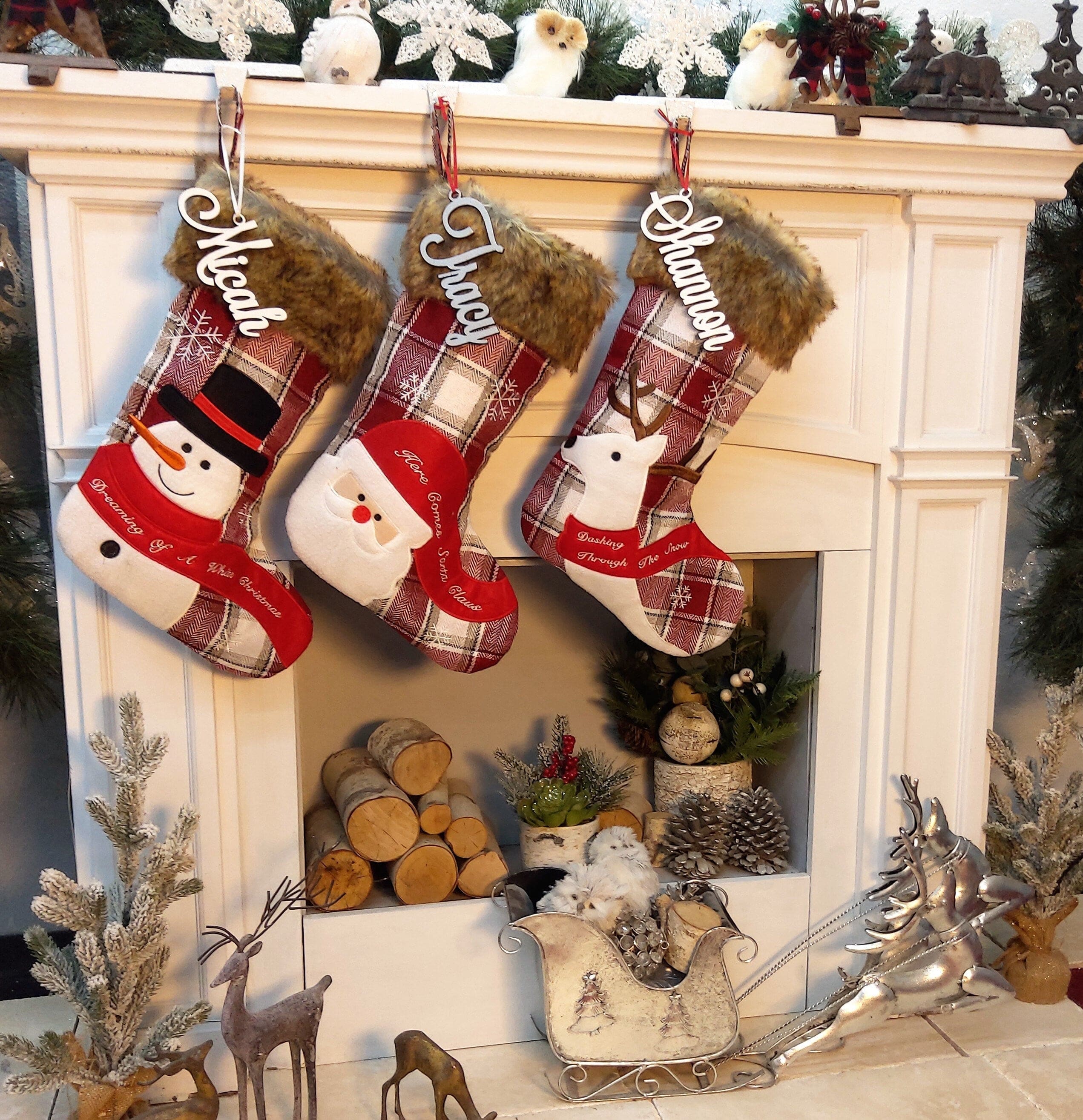 CHRISTMAS STOCKINGS Whimsical Plaid Faux Fur Christmas Stockings Woodland Santa Snowman Reindeer Stocking Personalized Embroidery Burgundy Family Modern Holiday