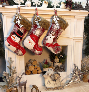 CHRISTMAS STOCKINGS Whimsical Plaid Faux Fur Christmas Stockings Woodland Santa Snowman Reindeer Stocking Personalized Embroidery Burgundy Family Modern Holiday