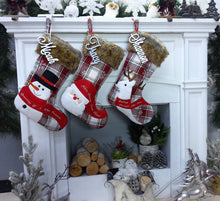 CHRISTMAS STOCKINGS Whimsical Plaid Faux Fur Christmas Stockings Woodland Santa Snowman Reindeer Stocking Personalized Embroidery Burgundy Family Modern Holiday