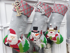 CHRISTMAS STOCKINGS Whimsical Santa Snowman Reindeer Grey Christmas Stockings | Festive Winter Kids Personalized Christmas Stockings Embroidered Name Wood Tag