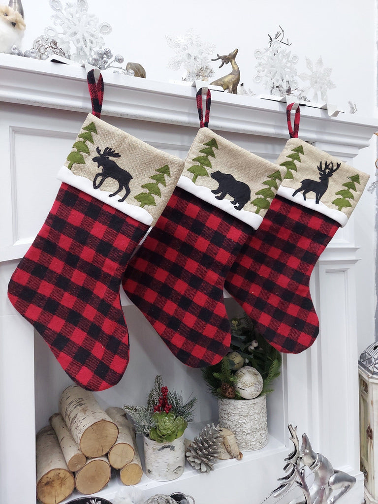 Winter Woodlands Buffalo Plaid Christmas Stocking | Faux Burlap Cuff D ...