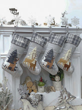 CHRISTMAS STOCKINGS Woodland Deer Christmas Stocking | Grey Plaid Faux Fur Tree Modern Gold Farmhouse Fawn Rustic Style Personalized Embroidered Name Tag