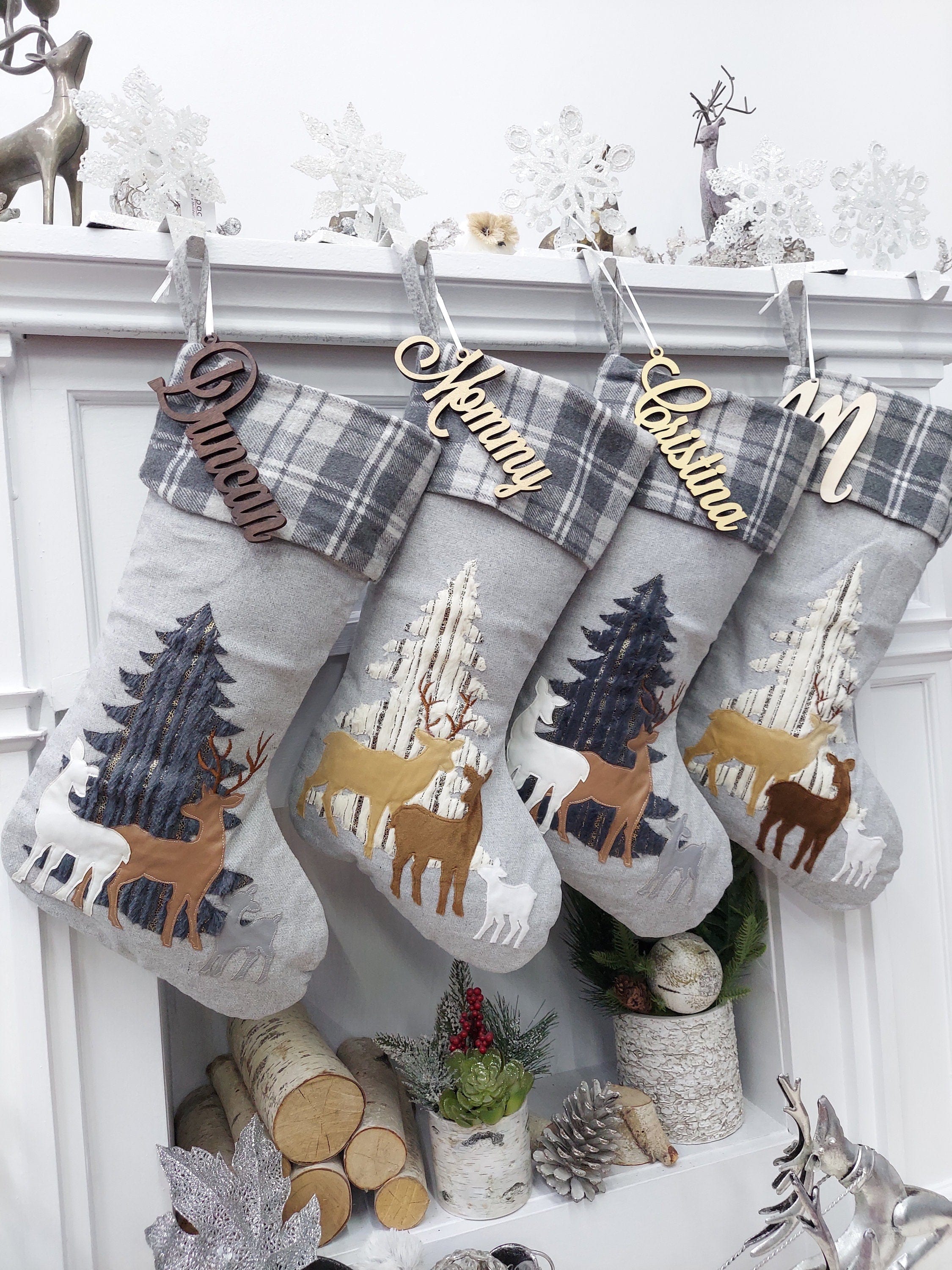 CHRISTMAS STOCKINGS Woodland Deer Christmas Stocking | Grey Plaid Faux Fur Tree Modern Gold Farmhouse Fawn Rustic Style Personalized Embroidered Name Tag