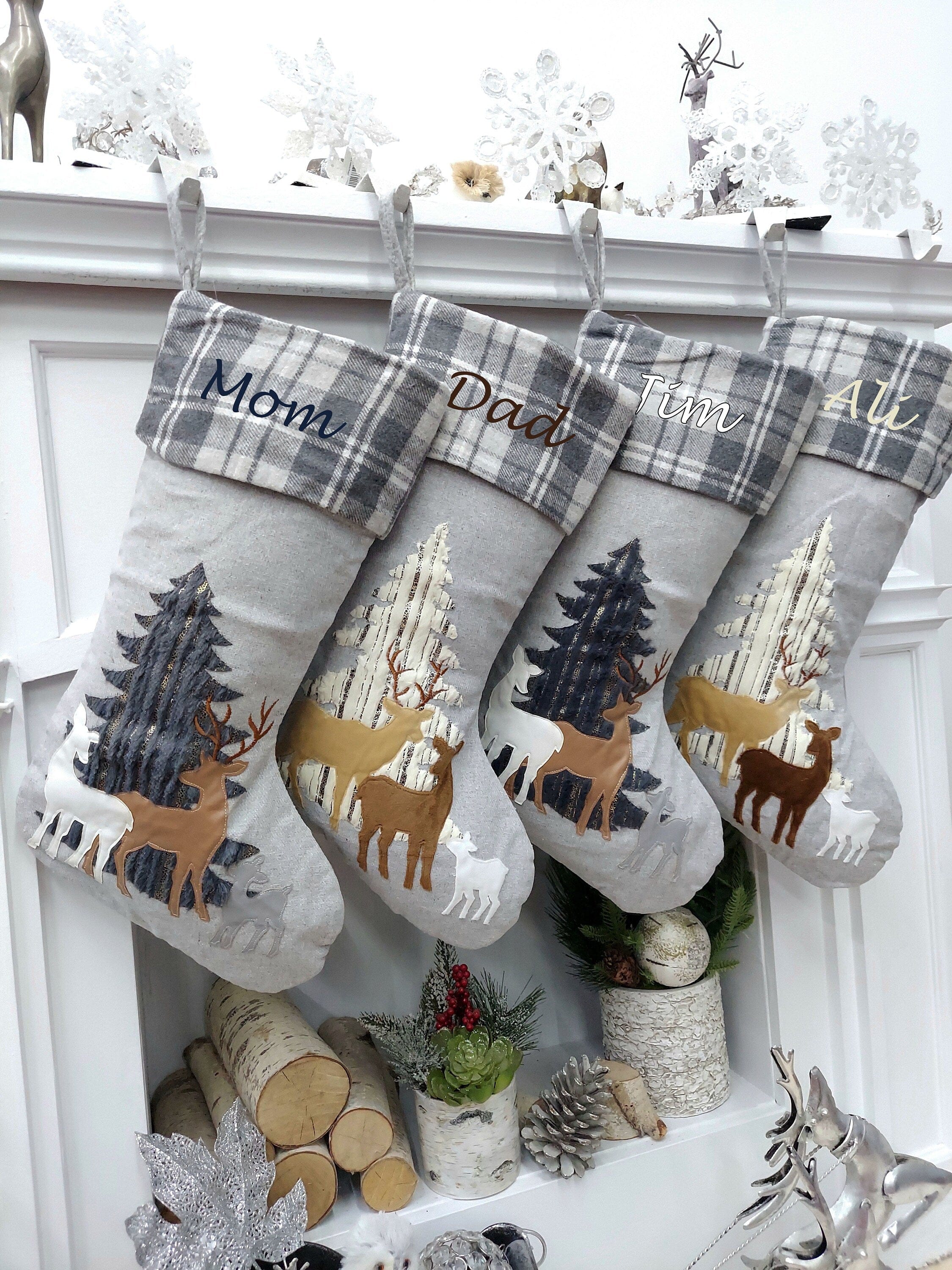 CHRISTMAS STOCKINGS Woodland Deer Christmas Stocking | Grey Plaid Faux Fur Tree Modern Gold Farmhouse Fawn Rustic Style Personalized Embroidered Name Tag