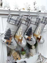 CHRISTMAS STOCKINGS Woodland Deer Christmas Stocking | Grey Plaid Faux Fur Tree Modern Gold Farmhouse Fawn Rustic Style Personalized Embroidered Name Tag