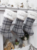 Grey Plaid White Faux Fur Christmas Stocking | Farmhouse Rustic Xmas Decor Greyscale Modern Traditional Personalized Embroidery Name Tag