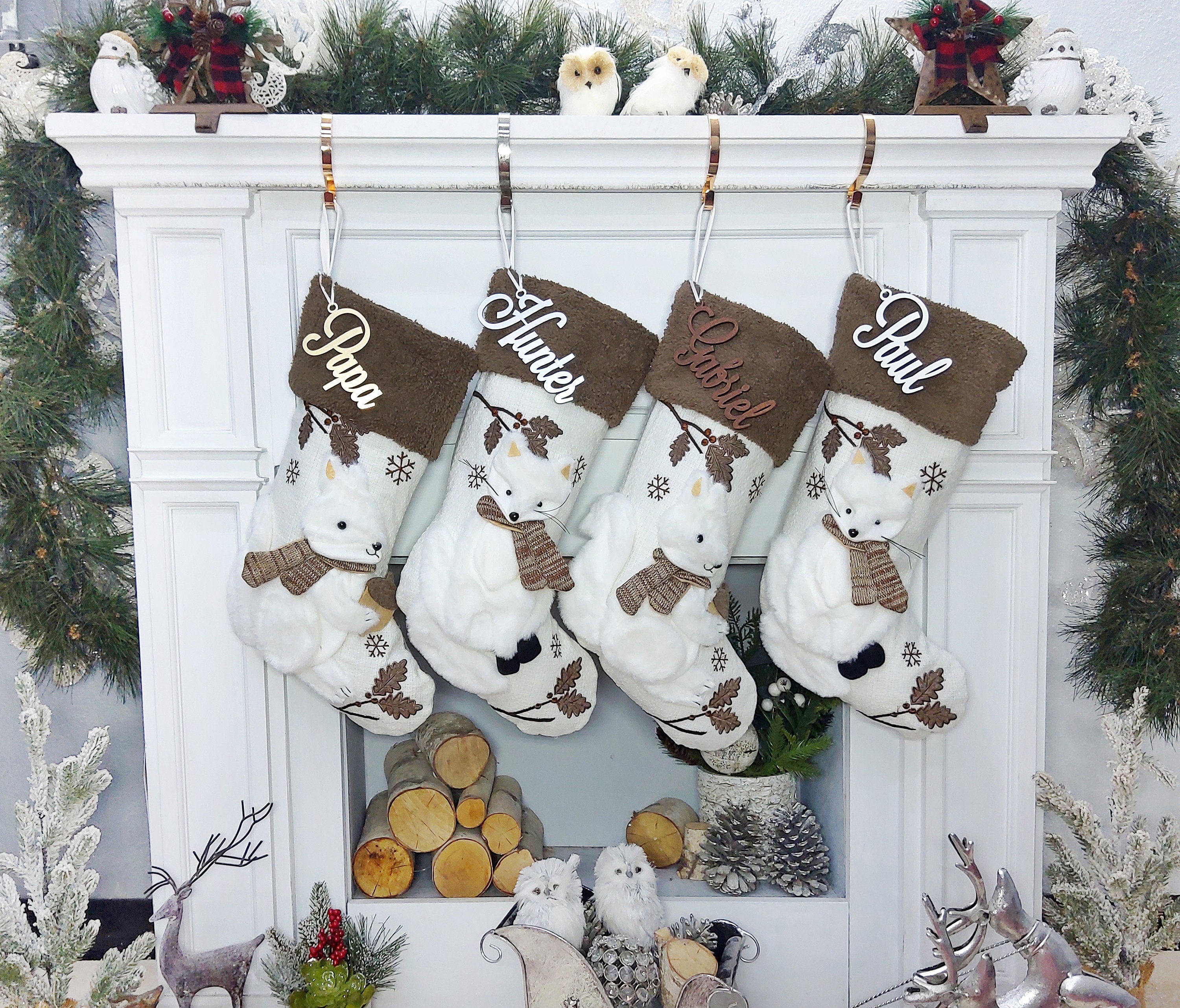 Woodland Squirrel or Fox Sherpa Cuff Christmas Stocking - White Brown Personalized Stockings Christmas Kids Children & Family Holiday 2023