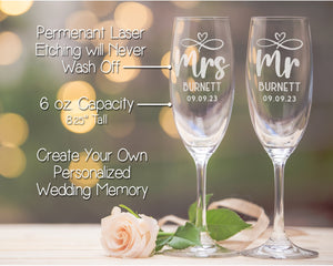 Custom Engraved Champagne Flutes: Mr & Mrs with Infinity Heart Design - Perfect Wedding Toasting Set, Gift Box Set