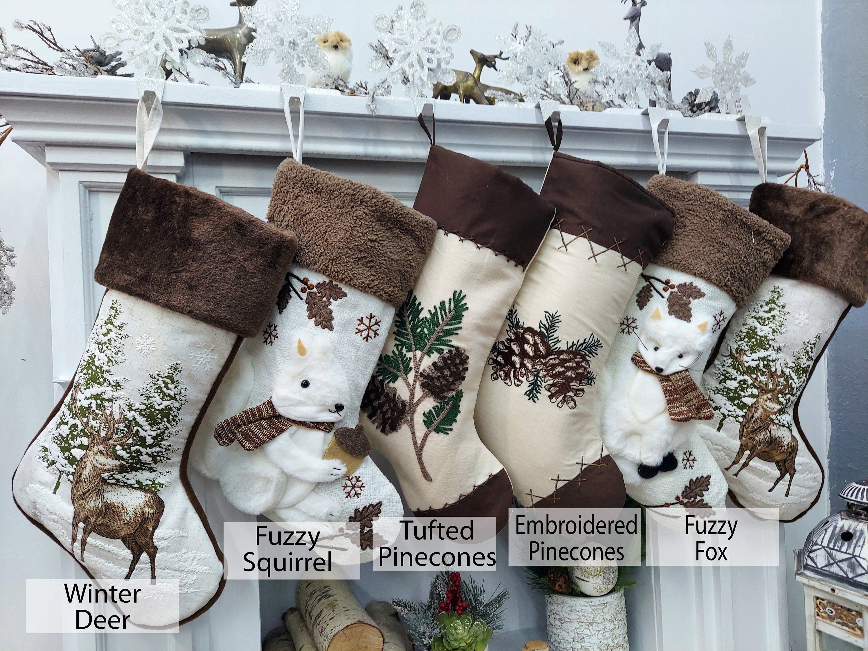 Woodland Squirrel or Fox Sherpa Cuff Christmas Stocking - White Brown Personalized Stockings Christmas Kids Children & Family Holiday 2023
