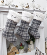 Grey Plaid White Faux Fur Christmas Stocking | Farmhouse Rustic Xmas Decor Greyscale Modern Traditional Personalized Embroidery Name Tag