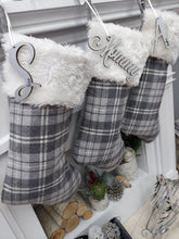 Grey Plaid White Faux Fur Christmas Stocking | Farmhouse Rustic Xmas Decor Greyscale Modern Traditional Personalized Embroidery Name Tag