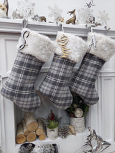 Grey Plaid White Faux Fur Christmas Stocking | Farmhouse Rustic Xmas Decor Greyscale Modern Traditional Personalized Embroidery Name Tag