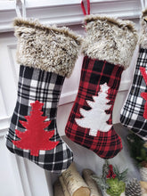 19" Buffalo Plaid Christmas Stockings with Faux Fur Cuff | Woodland Deer Tree Red Black Rustic Farmhouse Lodge Personalized Name Tag Wood