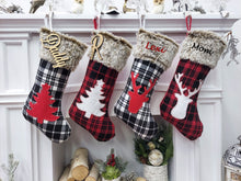 19" Buffalo Plaid Christmas Stockings with Faux Fur Cuff | Woodland Deer Tree Red Black Rustic Farmhouse Lodge Personalized Name Tag Wood