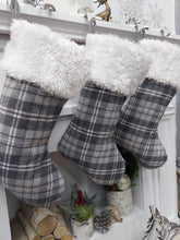 Grey Plaid White Faux Fur Christmas Stocking | Farmhouse Rustic Xmas Decor Greyscale Modern Traditional Personalized Embroidery Name Tag
