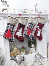 19" Buffalo Plaid Christmas Stockings with Faux Fur Cuff | Woodland Deer Tree Red Black Rustic Farmhouse Lodge Personalized Name Tag Wood