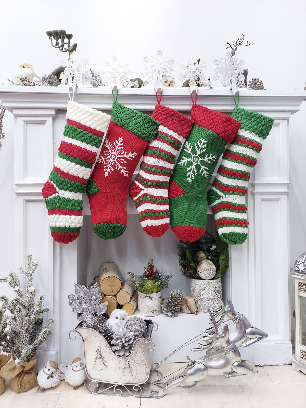 Knitted Striped Snowflake Christmas Stockings | Whimsy Candy Cane Style Festive Red Green White Xmas Decor Personalized Embroidery Name