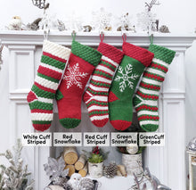 Knitted Striped Snowflake Christmas Stockings | Whimsy Candy Cane Style Festive Red Green White Xmas Decor Personalized Embroidery Name