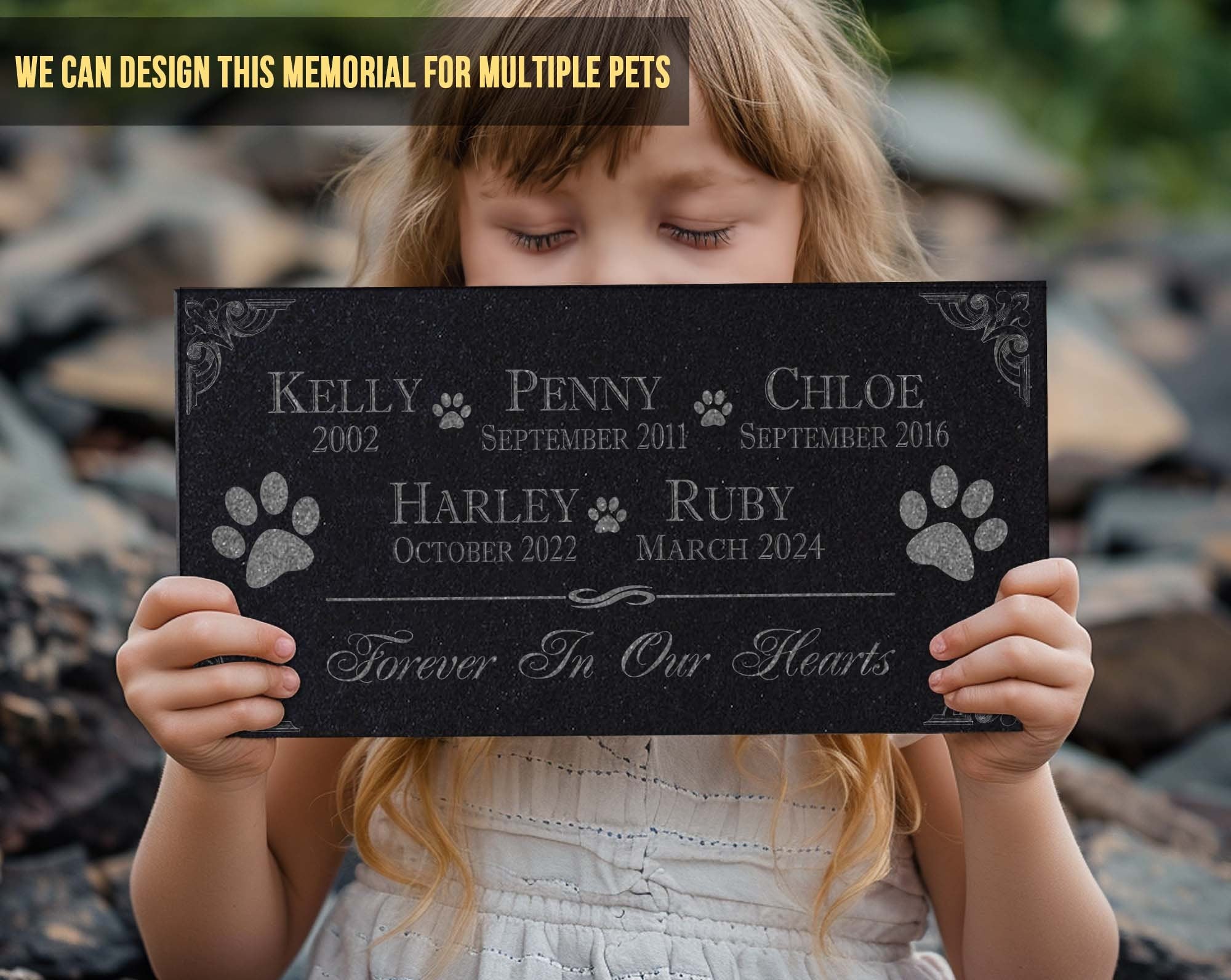 Multiple Pets Custom Pawprint Tribute: Engraved Loss of Dog Cat Memorial Stone, Animal Outdoor Plaque, Granite Memorial Garden Gravestone