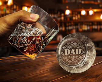 Personalized Whiskey Tumbler Glass | Bottom Engraving | Fathers Day | Home Bar | Gifts for Men, Dad, Grandpa | Bourbon Lowball Rock Glasses