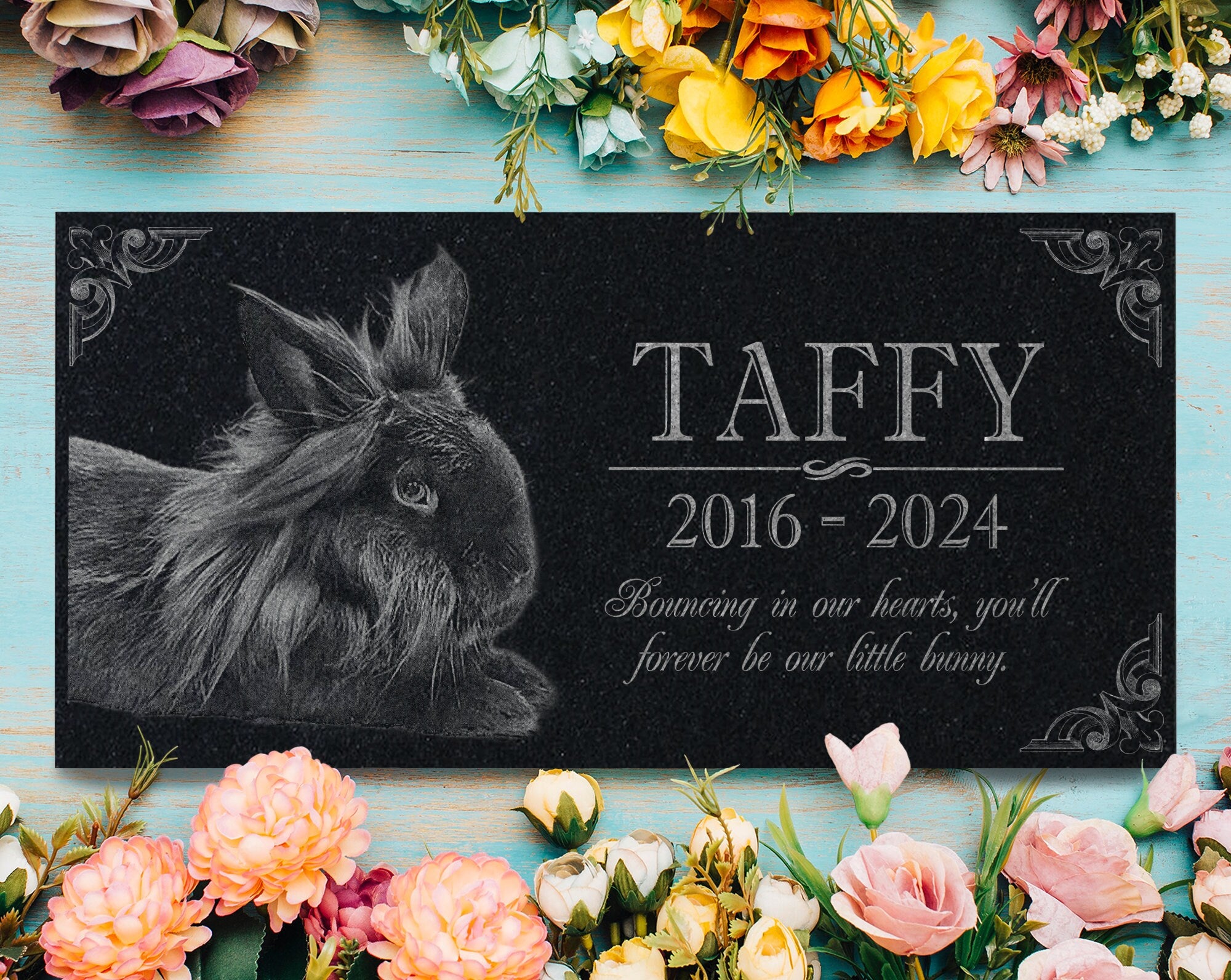 Rabbit Burial Stone | Pet Headstone Photo | Engraved Granite Outdoor Memorial Plaque for Rabbits | Rabbit Memory Stone | Bunny Lovers Gift