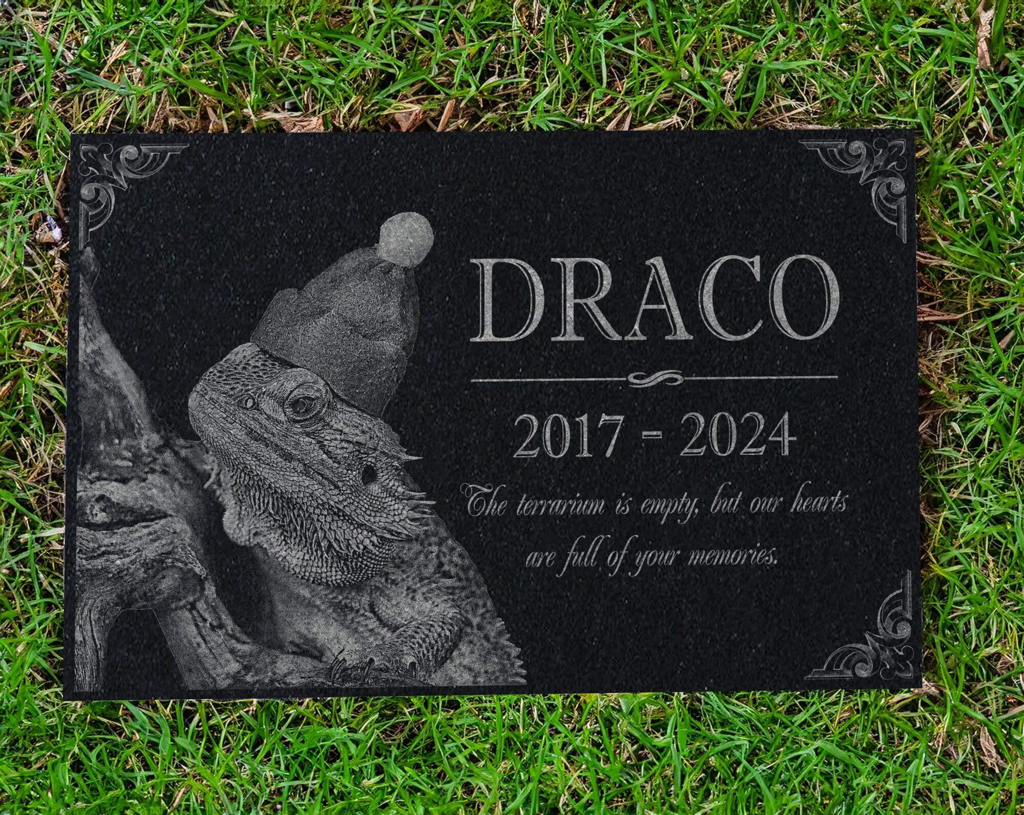 Custom Reptile Memorial Stone | Personalized Photo Engraving for Lizards, Snakes, Turtles | Outdoor Garden or Indoor Display Tribute