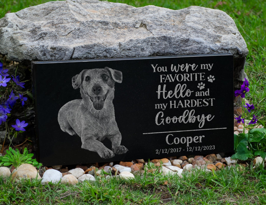 thumbnail interactive-video image 1 of Personalized Dog Headstone Memorial - Black Granite Engraved Pet Tombstone For Garden (Multiple Sizes) 1 of 9