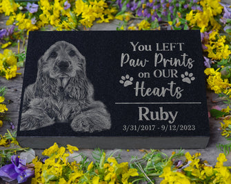 Engraved Pet Memorial Stone: Dog, Cat, or Pet Remembrance Gift w/ Custom Photo | You Left Paw Prints On Our Hearts | Feline Dog Lovers Gift