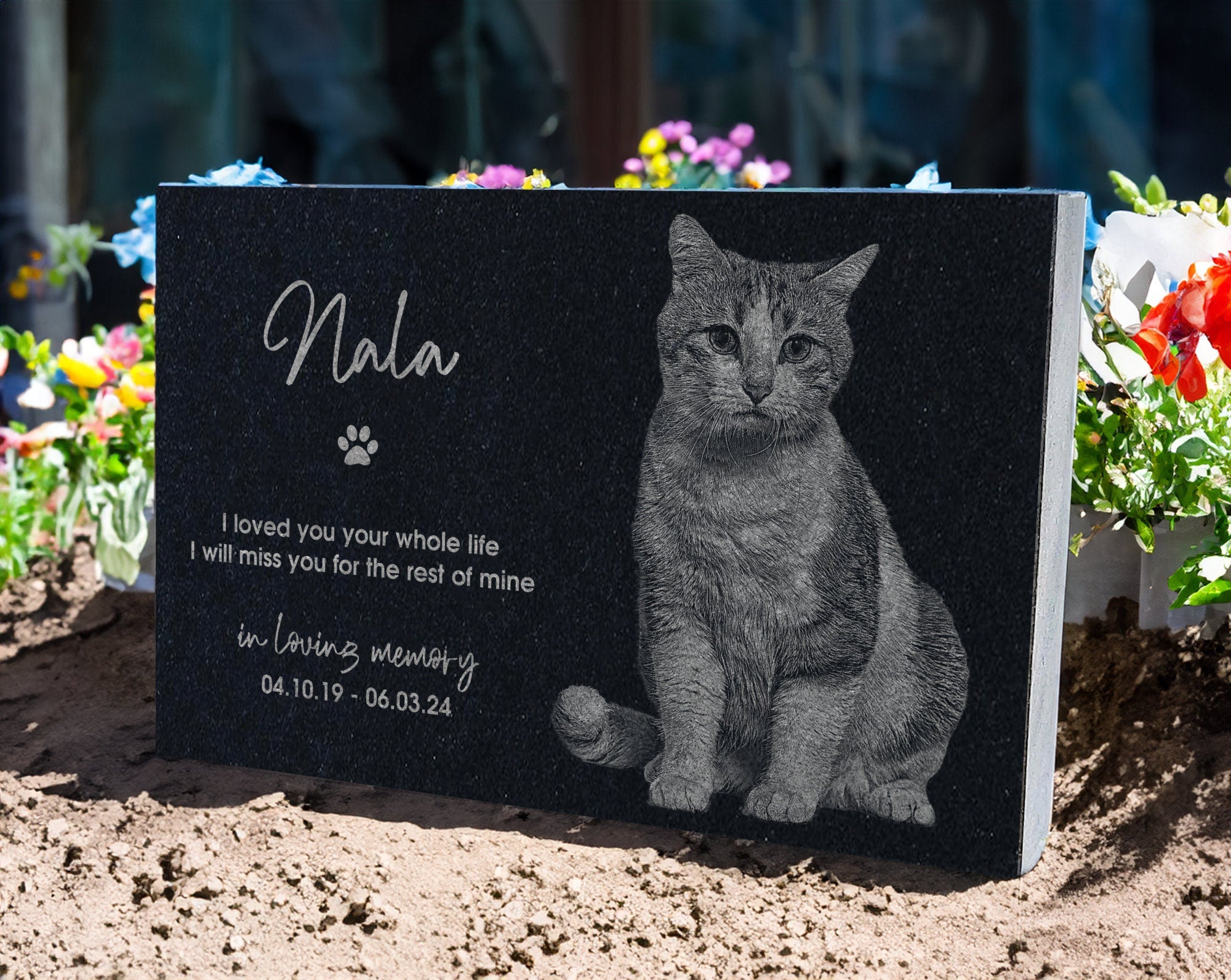 Cat Photo Memorial Stone w/ Engraved Portrait | Feline Remembrance Plaque | Kitten Tombstone Headstone | Tree Dedication for Lawn & Garden