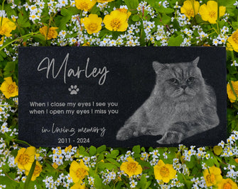 Cat Photo Memorial Stone w/ Engraved Portrait | Feline Remembrance Plaque | Kitten Tombstone Headstone | Tree Dedication for Lawn & Garden