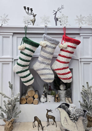 Textured Christmas Stockings with Stripes and Pom Poms Red Green Grey Handmade Style Cute Whimsy Stocking Personalized Embroidered Name Tag