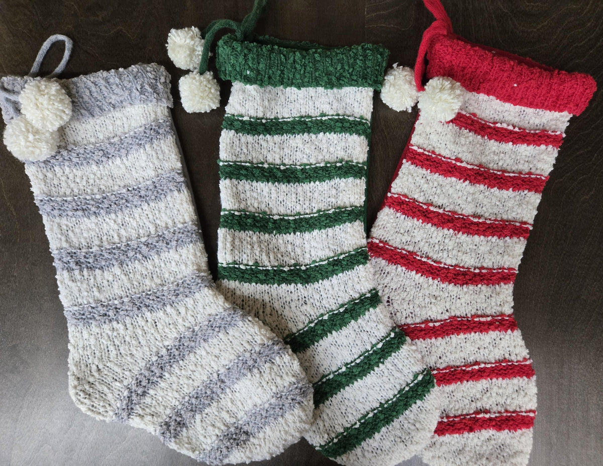 Textured Christmas Stockings with Stripes and Pom Poms Red Green Grey Handmade Style Cute Whimsy Stocking Personalized Embroidered Name Tag