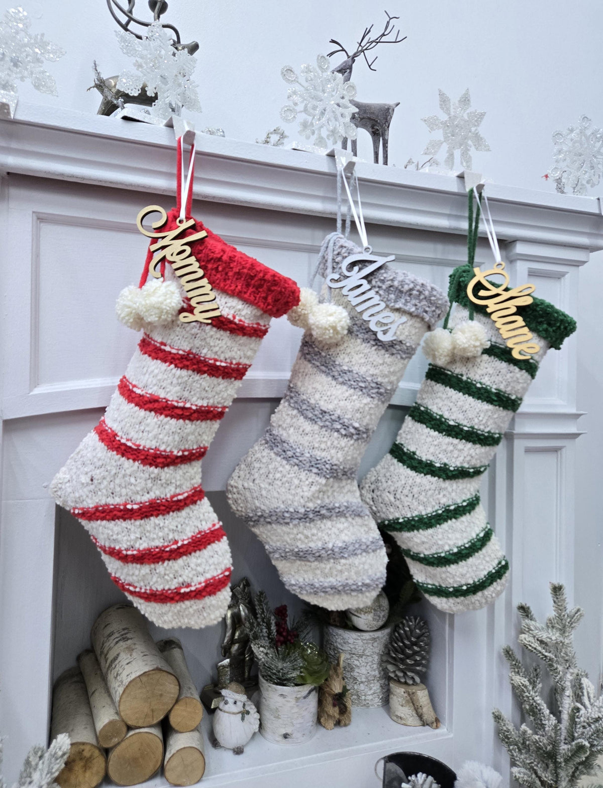 Textured Christmas Stockings with Stripes and Pom Poms Red Green Grey Handmade Style Cute Whimsy Stocking Personalized Embroidered Name Tag