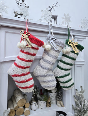 Textured Christmas Stockings with Stripes and Pom Poms Red Green Grey Handmade Style Cute Whimsy Stocking Personalized Embroidered Name Tag
