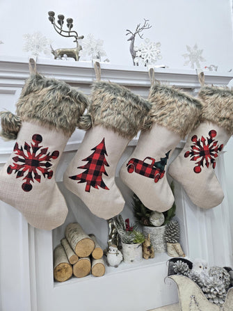 Buffalo Check Christmas Stockings with Faux Fur Pom Poms | Rustic Farmhouse Lodge Style Snowflake Tree Truck Personalized Embroidered name