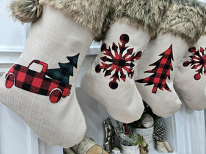 Buffalo Check Christmas Stockings with Faux Fur Pom Poms | Rustic Farmhouse Lodge Style Snowflake Tree Truck Personalized Embroidered name