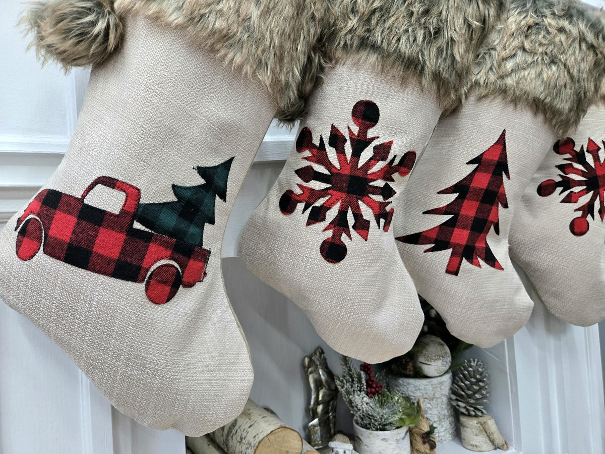 Buffalo Check Christmas Stockings with Faux Fur Pom Poms | Rustic Farmhouse Lodge Style Snowflake Tree Truck Personalized Embroidered name
