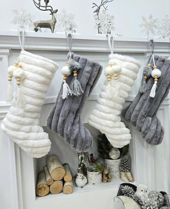 Tasseled Boho Christmas Stockings with Pom Poms and Wood Accents | White Grey Charcoal Chic Modern Textured Personalized Embroidered Name